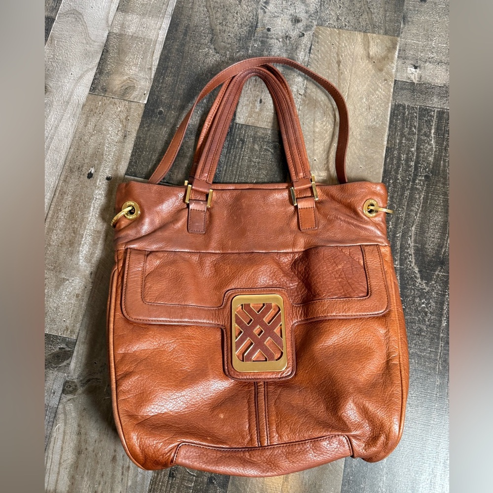 Joelle Hawkens Cognac‎ Leather Tote Bag Gold Logo Hardware Boho Luxe 2000s Purse